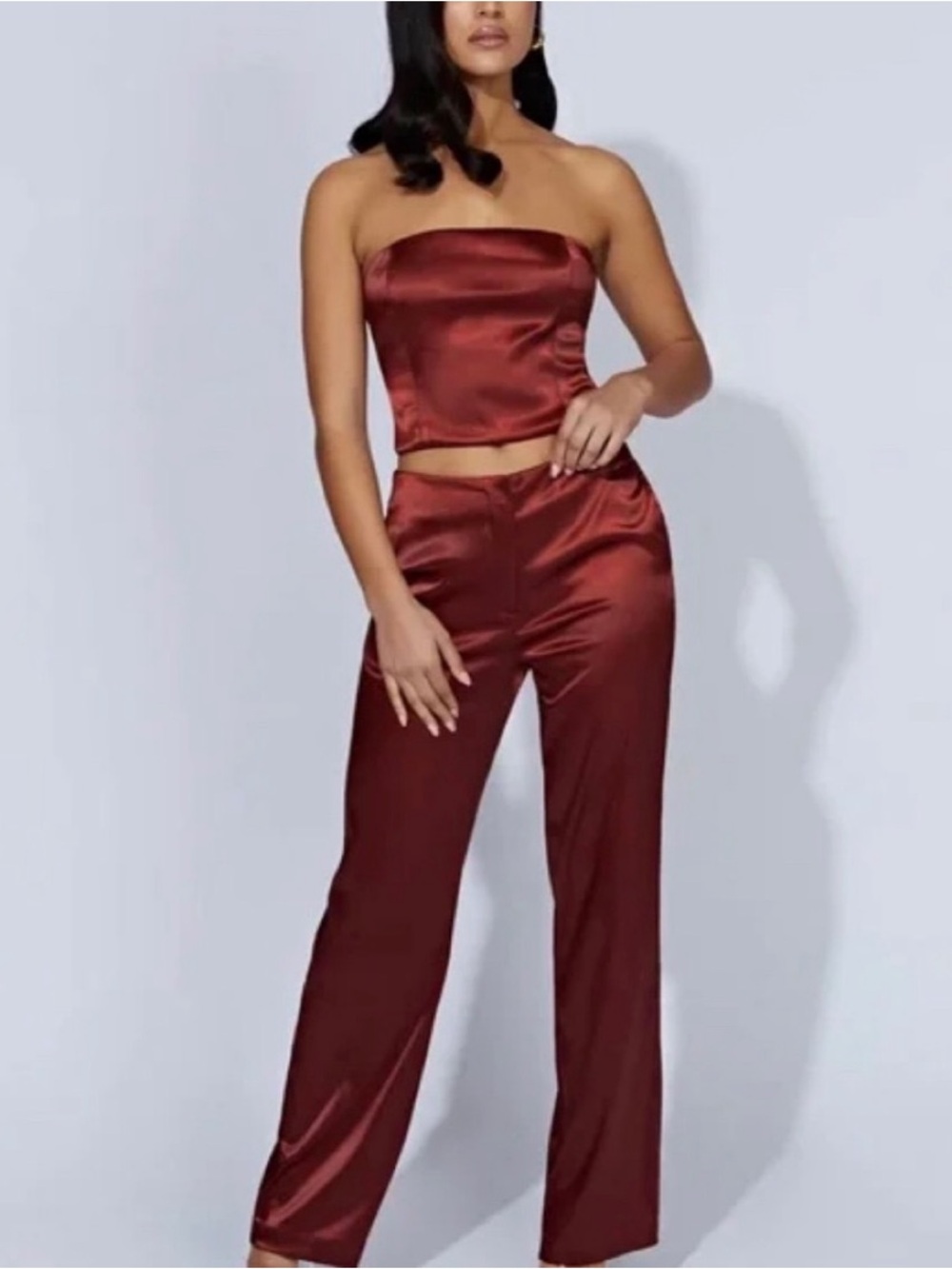 Meshki NWT S Satin Strapless Crop tube Top Wide Leg Pants matching two piece set